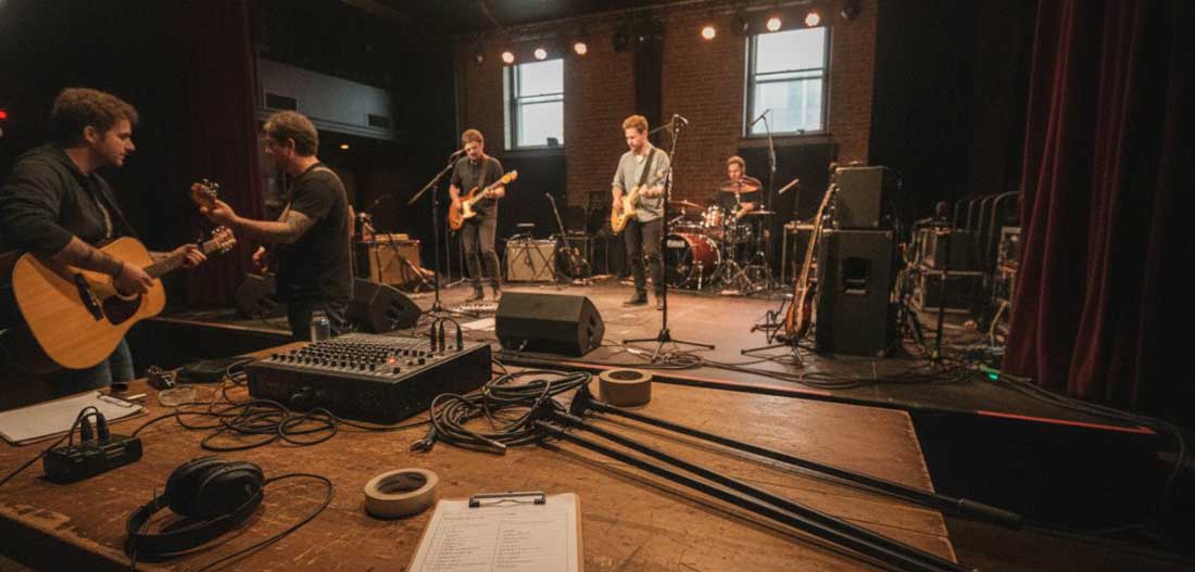 A Band Setting Up Instruments for a Sound Check