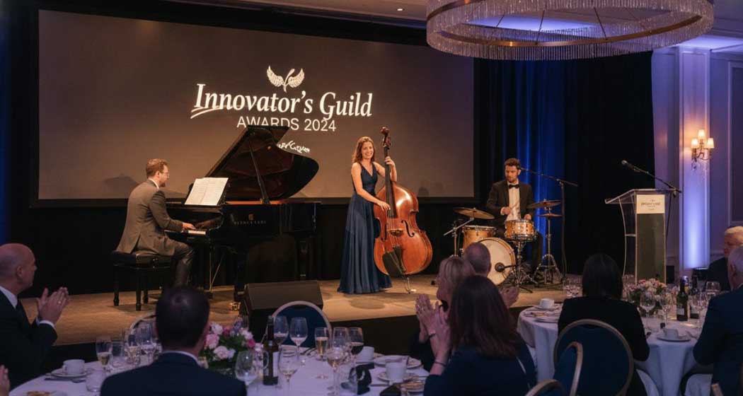 A Jazz Trio Providing Sophisticated Background Music for a Corporate Crowd