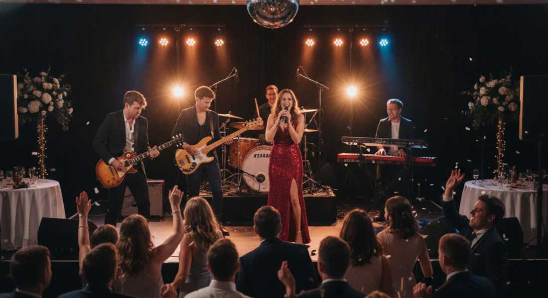 A Live Wedding Band Lead Singer Engaging with the Wedding Guests