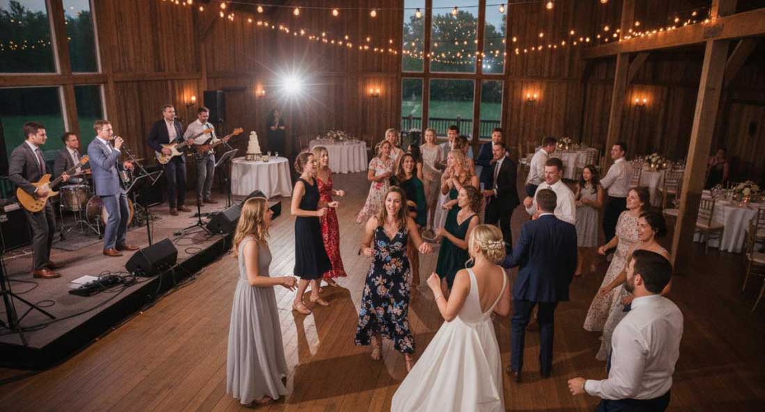 An Open Dance Floor With Wedding Guests and the Bride and Groom