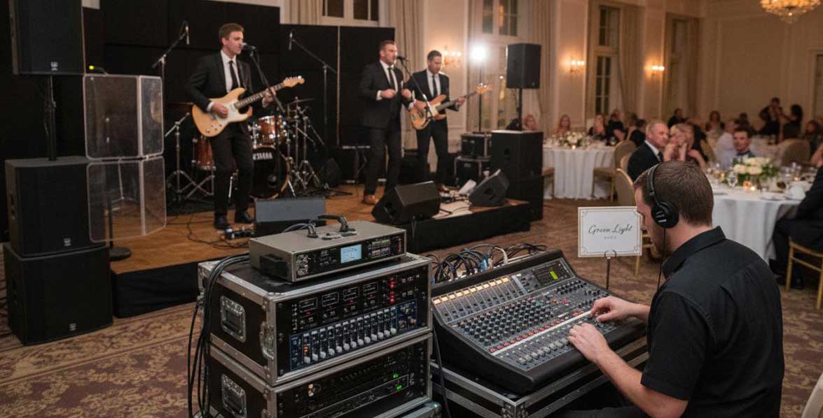 A Sound Engineer is Adjusting a Mixing Board While the Band Performs at a Reception
